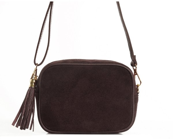 Damska skórzana torebka wizytowa listonoszka Solome Madeira brązowa zamszowa przód