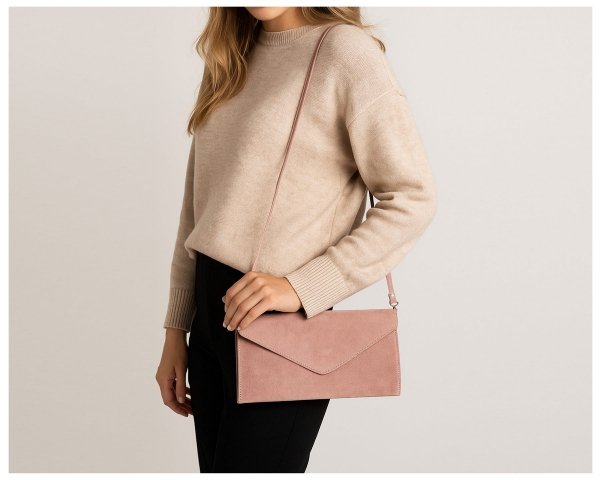 Skórzana włoska torebka wizytowa kopertówka Solome L1 pudrowy róż zamsz plener