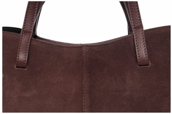 Włoska skórzana torba damska Shopperka Solome Rosa brązowa zamszowa detal