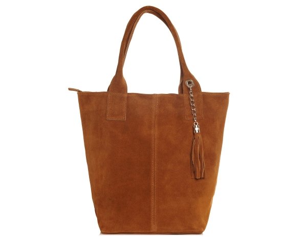 Skórzana torba damska włoska torebka miejska Solome Carvela koniak zamszowa przód