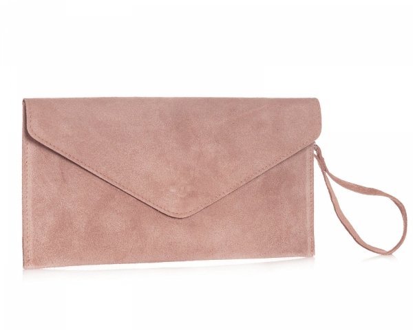 Skórzana włoska torebka wizytowa kopertówka Solome L1 pudrowy róż zamsz skos