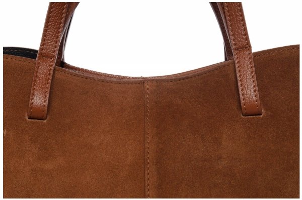 Włoska skórzana torba damska Shopperka Solome Rosa brązowa koniak zamszowa detal