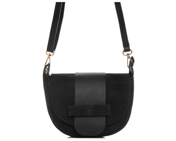 Czarna skórzana listonoszka torebka damska na ramię zamszowa przód
