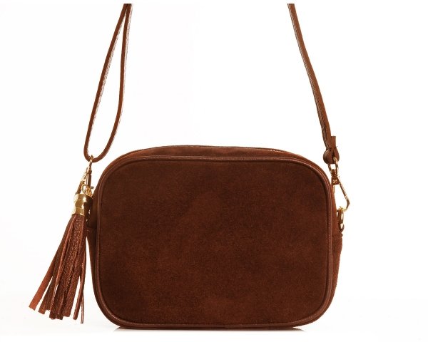 Damska skórzana torebka wizytowa listonoszka Solome Madeira koniakowa zamszowa przód