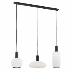 Czarna designerska lampa wisząca belka 3 klosze różne kształty mleczne szkło SAGUNTO PLUS 6324 Argon
