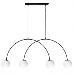 Lampa wisząca nowoczesna podwójny czarny łuk nad stół wyspę białe szklane kule złote detale BOW 1220 Zumaline