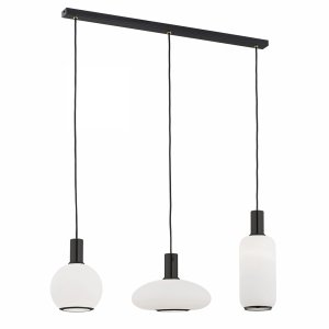 Czarna designerska lampa wisząca belka 3 klosze różne kształty mleczne szkło SAGUNTO PLUS 6324 Argon