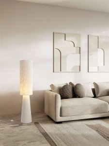 Lampa podłogowa stojąca lniana abażurowa biała rystykalna boho industrialna Luces Exclusivas