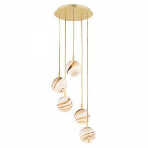 Lampa wisząca 5-płomienna duża biało-brązowy marmur szklane kule mosiądz szczotkowany na okrągłej podsufitce ARUBA 2182 Argon