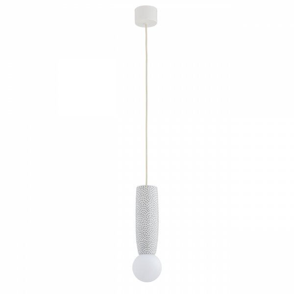Lampa wisząca ceramika Bolesławiec biała w kropki ręcznie zdobiona designerska wyjątkowa podłużna BOLL 8938 Argon x Manufaktura w Bolesławcu 