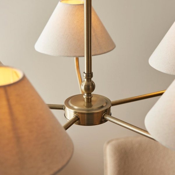 Klasyczna lampa wisząca pięciopłomienna abażurowa lniana mosiężna minimalistyczna uniwersalna Lille 117833 ENDON