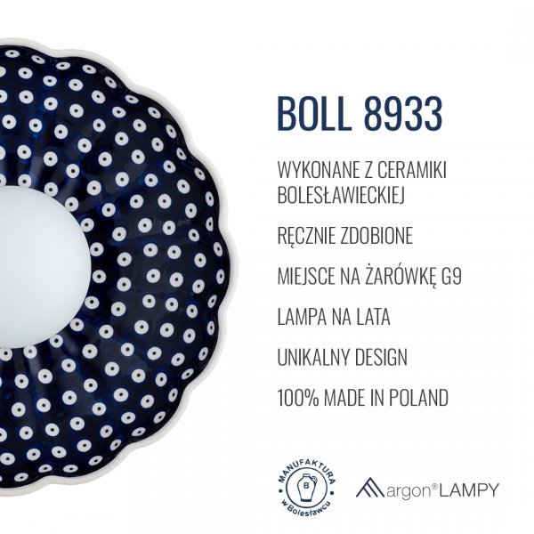 Designerski kinkiet ceramika Bolesławiec muszla granatowa w kropki wyjątkowy dekoracyjny BOLL 8933 Argon x Manufaktura w Bolesławcu 