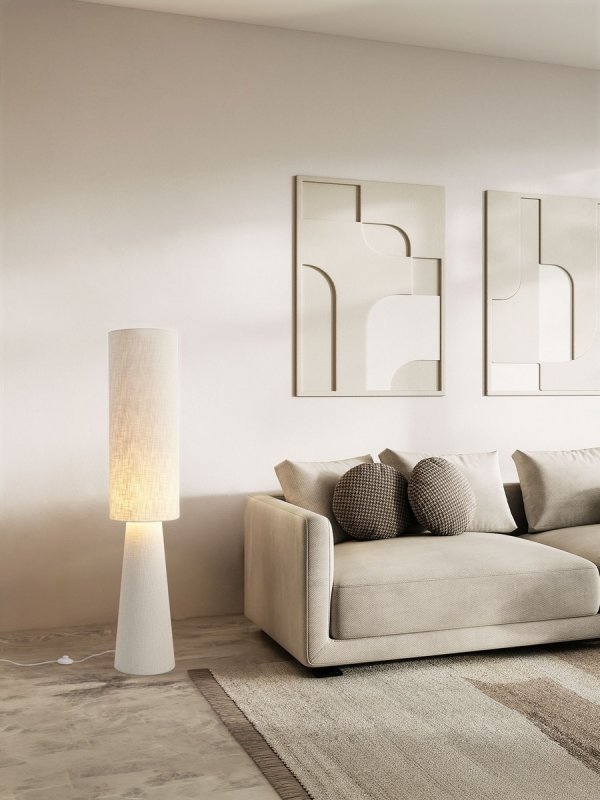 Lampa podłogowa stojąca lniana abażurowa biała rystykalna boho industrialna Luces Exclusivas