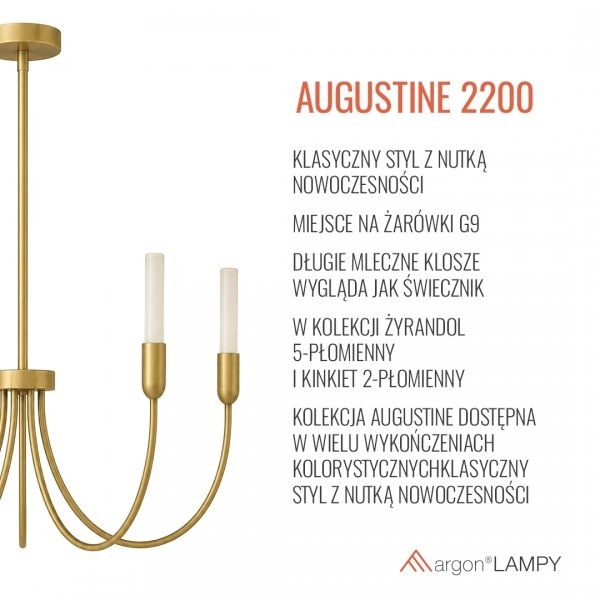 Rozłożysty żyrandol 5-płomienny mosiężny świecznikowy minimalistyczny klasyczny AUGUSTINE 2200 Argon