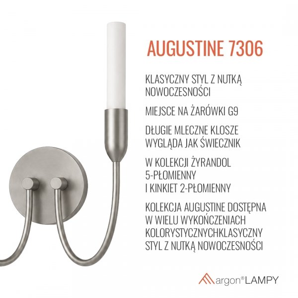Kinkiet dwupłomienny świecznikowy klasyczny niklowany minimalistyczny dekoracyjny AUGUSTINE 7306 Argon 