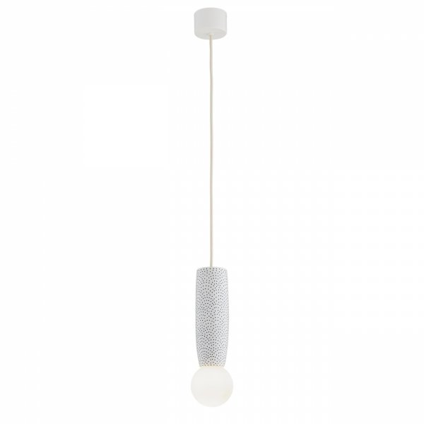 Lampa wisząca ceramika Bolesławiec biała w kropki ręcznie zdobiona designerska wyjątkowa podłużna BOLL 8938 Argon x Manufaktura w Bolesławcu 