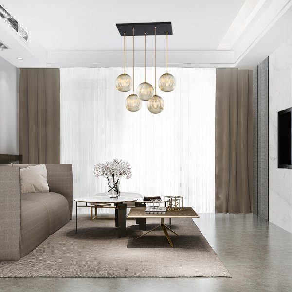Duża lampa sufitowa wisząca glamour nad stół do jadalni 5 płomienna szklane kule prostokątna podsufitka PALOMA 2189 Argon