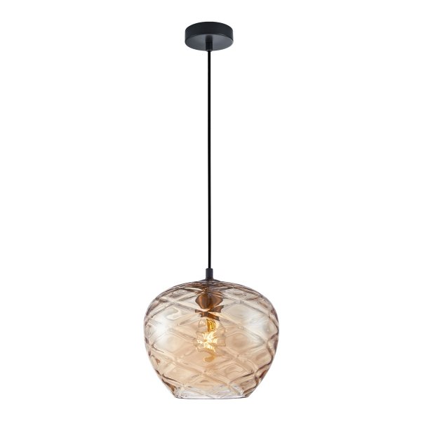 Nowoczesna pojedyncza lampa wisząca Italux Bresco z jednym okrągłym kloszem z przezroczystego szkła w kolorze bursztynowym, zawieszona na czarnym przewodzie nad stolikiem kawowym.