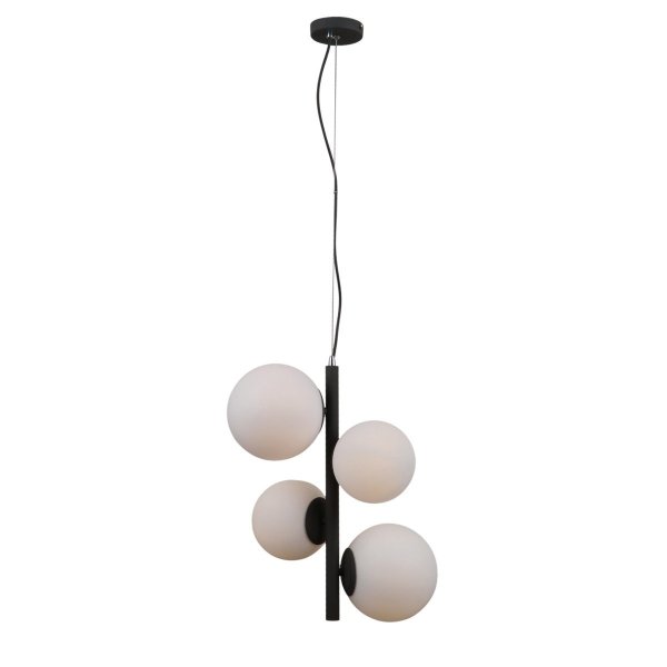 DESIGNERSKA CZARNA LAMPA WISZĄCA BIAŁE KULE ITALUX RIGA PND-44213-4A-SBL NOWOCZESNA LAMPA DO SALONU