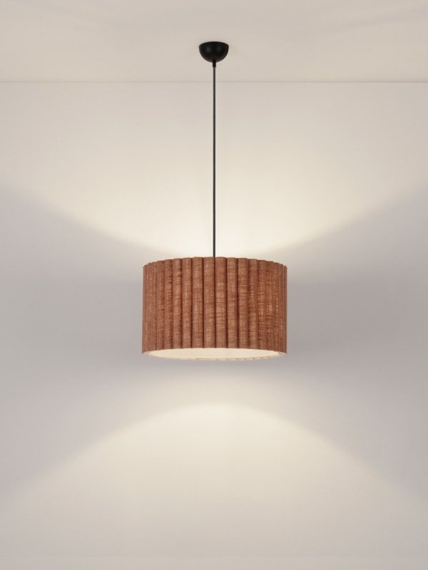 Lampa wisząca kolor karmelowy lniany abażur plisowany okrągły nowoczesna minimalistyczna dekoracyjna Luces Exclusivas
