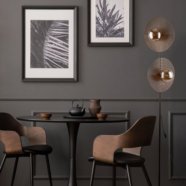 Dekoracyjna nowoczesna lampa podłogowa stojąca drewniane okrągłe elementy w stylu boho szklane bursztynowe klosze LUNAR WOOD 16135 TK-Lighting
