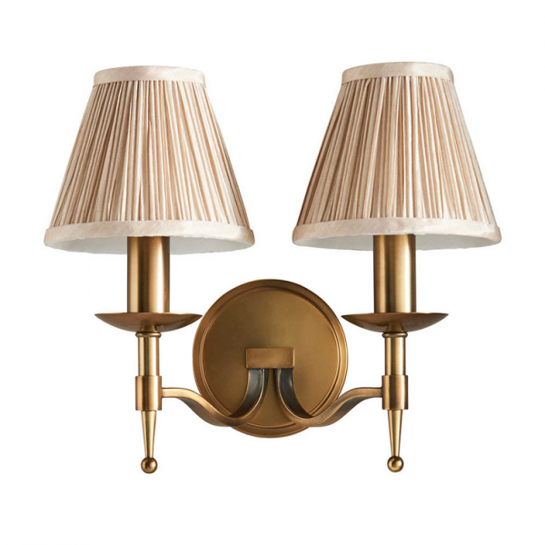 MOSIEŻNY KINKIET ŚWIECZNIKOWY Z ABAŻURAMI W KOLORZE BEŻOWYM STANFORD NICKEL 63654 ENDON INTERIORS 1900 STYLOWY KINKIET PAŁACOWY GLAMOUR 