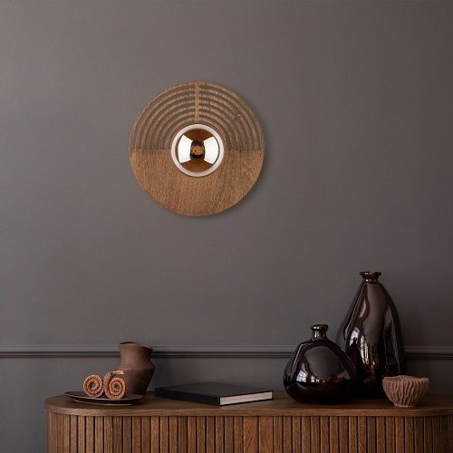 Dekoracyjny nowoczesny drewniany okrągły kinkiet ścienny szklany bursztynowy klosz w stylu boho LUNAR WOOD 11014 TK-Lighting