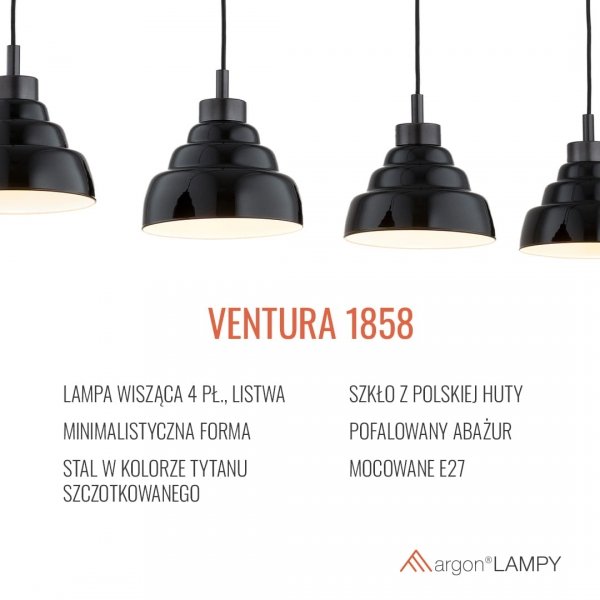 Czarna lampa wisząca jadalniana pofalowany czarny tytan szczotkowany 4 klosze Ventura 1858  Argon