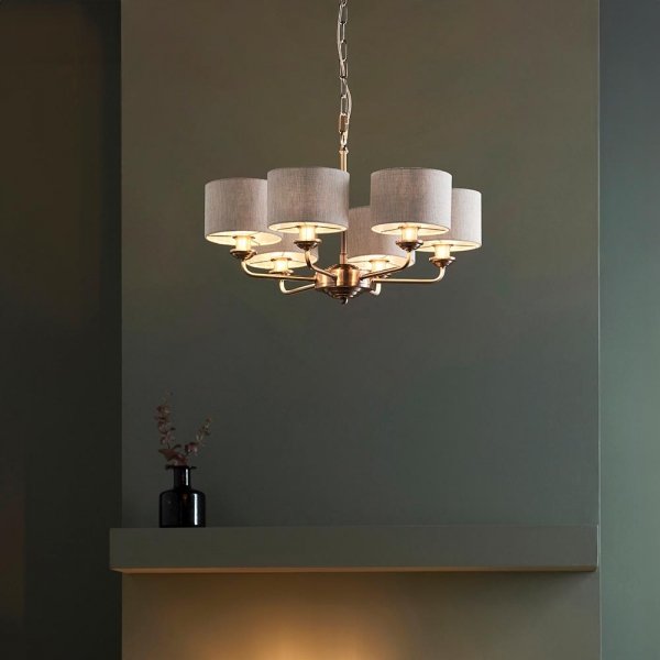Lampa wisząca abażurowa sześciopłomienna lniana okrągła chromowana minimalistyczna klasyczna HIGHCLERE 99151 ENDON 