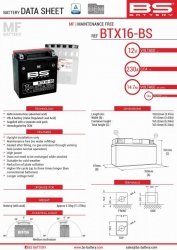 BS AKUMULATOR BTX16-BS (YTX16-BS) 12V 14AH 152X88X161 BEZOBSŁUGOWY - ELEKTROLIT OSOBNO (230A) (4) UE2019/1148