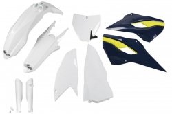 UFO KOMPLET PLASTIKÓW (FULL KIT) Z OSŁONAMI TELESKOPÓW (AMORTYZATORÓW) HUSQVARNA TC 250 16, KOLOR OEM (BIAŁY/NIEBIESKI) (HU617E9