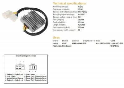 DZE REGULATOR NAPIĘCIA HONDA CBR 900RR 02-03 (CBR954) (ESR690) (31600-MCJ-750) (SH678DA) (35A)