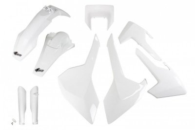 UFO KOMPLET PLASTIKÓW (FULL KIT) Z OSŁONAMI TELESKOPÓW (AMORTYZATORÓW) HUSQVARNA TX/TE/FE 17-19 Z OSŁONĄ LAMPY KOLOR BIAŁY (HU62