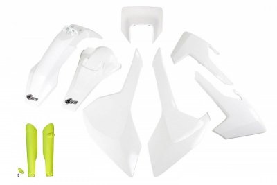 UFO KOMPLET PLASTIKÓW (FULL KIT) Z OSŁONAMI TELESKOPÓW (AMORTYZATORÓW) HUSQVARNA TX/TE/FE 17-19 Z OSŁONĄ LAMPY KOLOR OEM (BIAŁY)