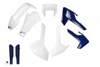 UFO KOMPLET PLASTIKÓW (FULL KIT) Z OSŁONAMI TELESKOPÓW (AMORTYZATORÓW) HUSQVARNA TX/TE/FE 17-19 Z OSŁONĄ LAMPY KOLOR OEM (BIAŁY/