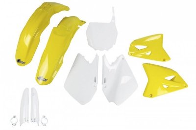 UFO KOMPLET PLASTIKÓW (FULL KIT) Z OSŁONAMI TELESKOPÓW (AMORTYZATORÓW) SUZUKI RM 125 01-22, RM 250 01-22 KOLOR OEM (BIAŁY/ŻÓŁTY)