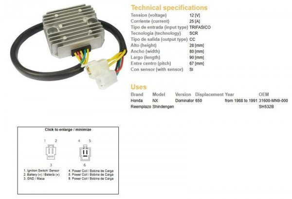 DZE REGULATOR NAPIĘCIA HONDA NX 650 DOMINATOR 88-91 (SH532B) (31600-MN9-000)