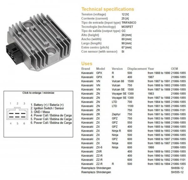 DZE REGULATOR NAPIĘCIA KAWASAKI VN 750/1500; ZN 700/1100; ZR 750 91-93; ZX 400/550/600; ZZ-R 400/500/600 (RGU-403, ESR260) (2106
