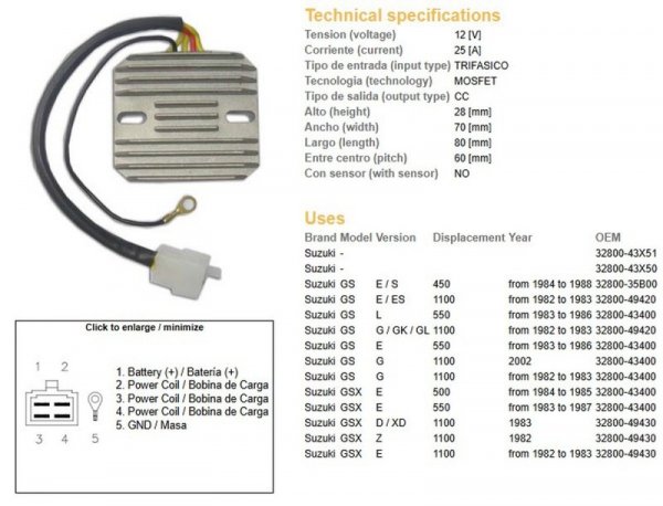 DZE REGULATOR NAPIĘCIA SUZUKI GS 450E/S 84-88; GS 500 84-85; GS 550 83-87; GS 1100E/ES/G 82-87; GSX 1100E/Z/D 82- (ESR090,ESR100