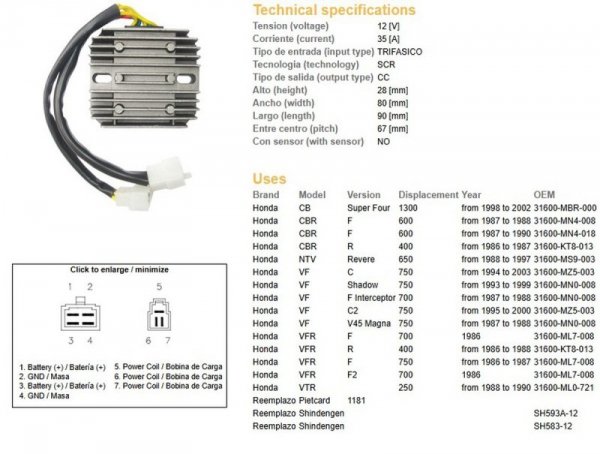 DZE REGULATOR NAPIĘCIA HONDA CBR 600F 87-90; CB 1300 98-02; NTV 650 REVERE 88-97; VF 700/750 07-03; VFR 400/750 86-88 (ESR530) (