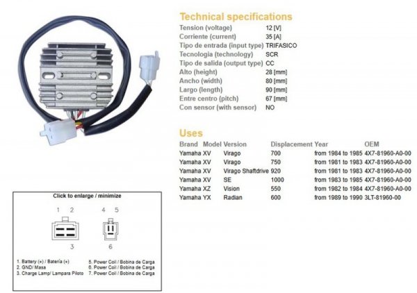 DZE REGULATOR NAPIĘCIA YAMAHA XV 700 VIRAGO 84-85; XV 750 VIRAGO 81-83; XV 920 VIRAGO 81-83; XV 1000SE 83-85; XZ 550 VISION 82-8