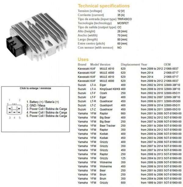 DZE REGULATOR NAPIĘCIA YAMAHA YFM 125/250/350/400/450/600/660 (RAPROR;BIG BEAR; KODIAK;GRIZZLY; BRUIN); SUZUKI LTZ400 QUADRACER;