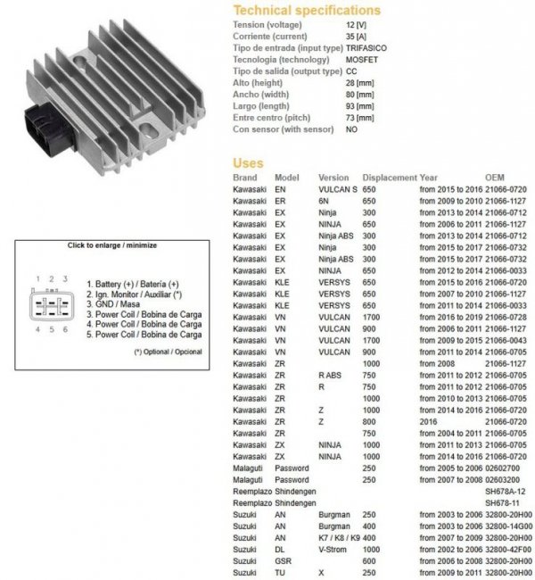 DZE REGULATOR NAPIĘCIA KAWASAKI EX 300/650 NINJA 06-17; KLE 650 VERSYS 07-16; VN 900/1700 06-19; ZR 750/800/1000 04-16; SUZUKI A