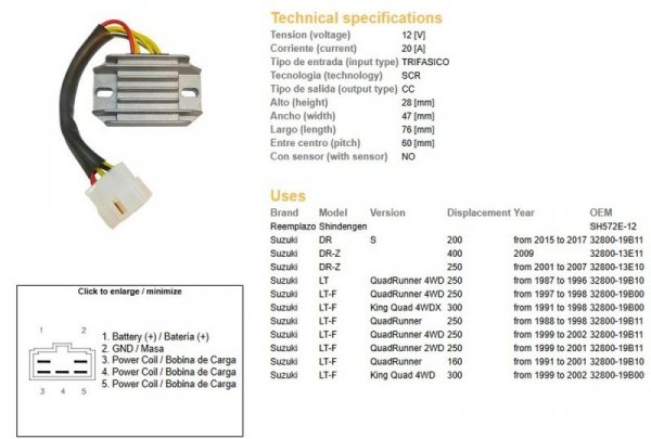 DZE REGULATOR NAPIĘCIA SUZUKI LT-F 160 91-01; LT-F 250 QUADRUNNER 87-98; LT-F 300 KING QUAD 91-98; DR-Z 250 01-07; DR-Z 400 09 (