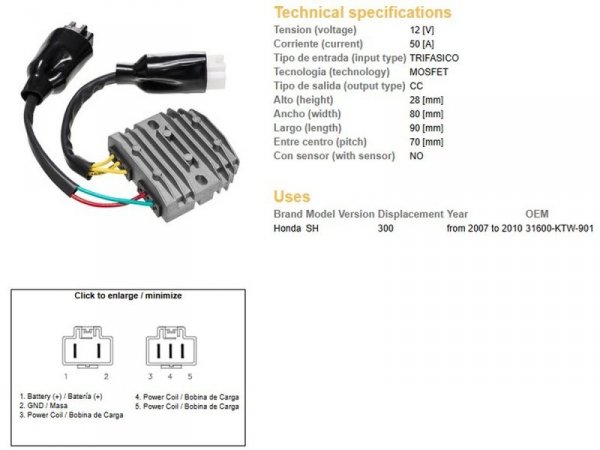 DZE REGULATOR NAPIĘCIA HONDA SH 300 07-10 (OEM 31600-KTW-901) MOSFET (50A)