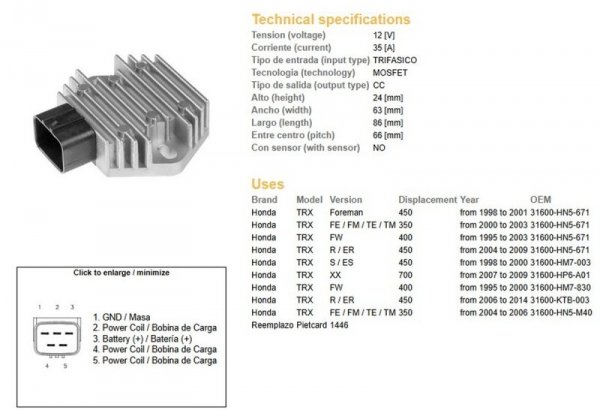 DZE REGULATOR NAPIĘCIA HONDA TRX 350FE/FM/TE/TM 00-06; TRX 400FW 95-03; TRX 450 FOREMAN 98-14 (ESR583) (31600-HN5-671) (35A)