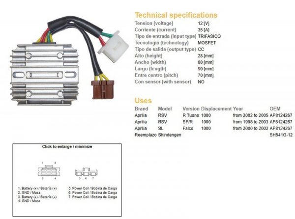 DZE REGULATOR NAPIĘCIA APRILIA RSV 1000R TUONO 02-05; RSV 1000SP/R 98-03; SL 1000 FALCO 00-02 (35A) 7 KABLI (ESR912)