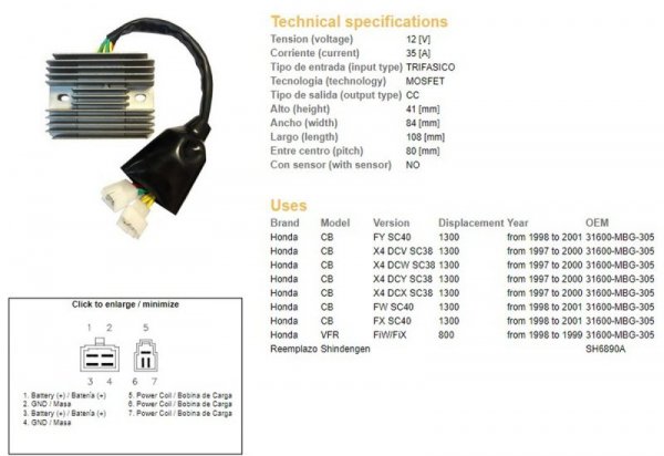 DZE REGULATOR NAPIĘCIA HONDA CB 1300 97-01; VFR 800 98-99 (SC38, SC40), VFR800 98-99 (31600-MBG-305) (SH6890A)