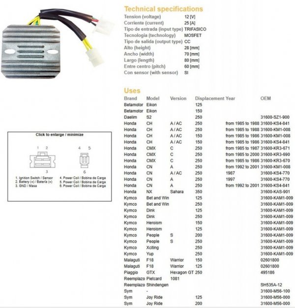 DZE REGULATOR NAPIĘCIA HONDA CMX 250 REBEL 85-00; CN 250 87-01; KYMCO 125/200/250; MALAGUTI; PIAGGIO; SYM (ESR334) (KAM-009-3160