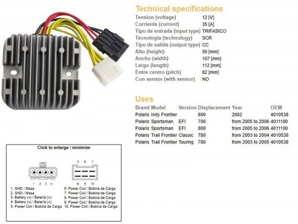 DZE REGULATOR NAPIĘCIA POLARIS SPORTSMAN EFI 700/780/800 05-06 (12V/35A) (4011100, 4010538) (ESR819)